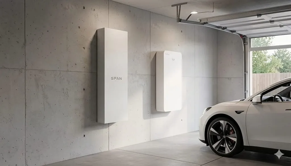 Car parked in garage next to SPAN smart electrical panel and Tesla Powerwall battery system