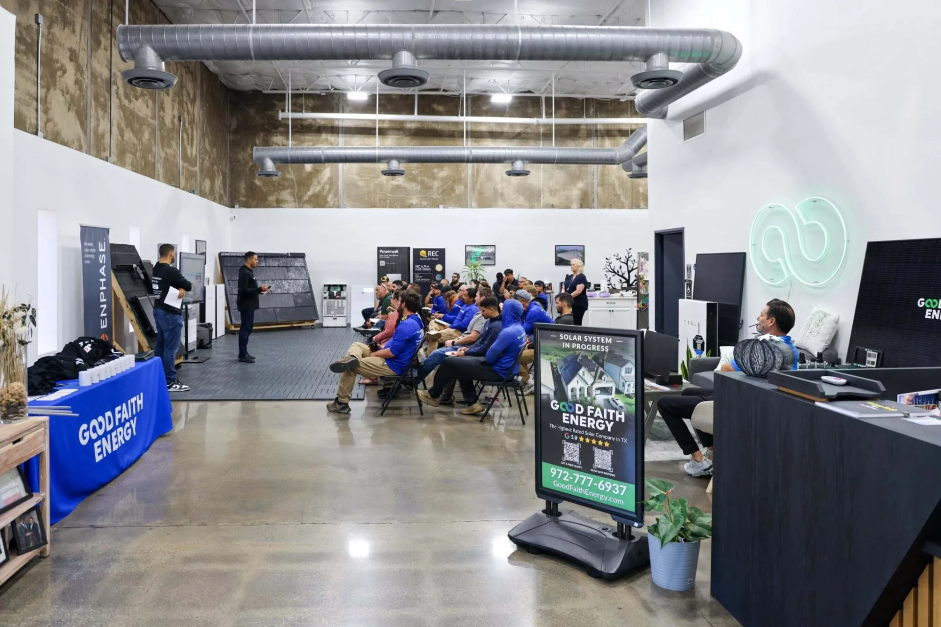 Good Faith Energy team training session in the Addison, Texas showroom