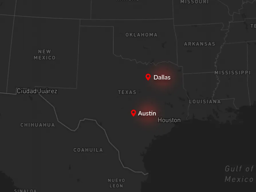 Map showing Good Faith Electric's target markets in Dallas and Austin, Texas