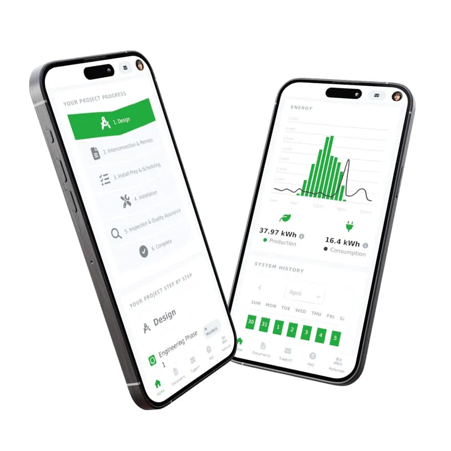 Good Faith Energy mobile app showing solar project progress and energy production on two phones