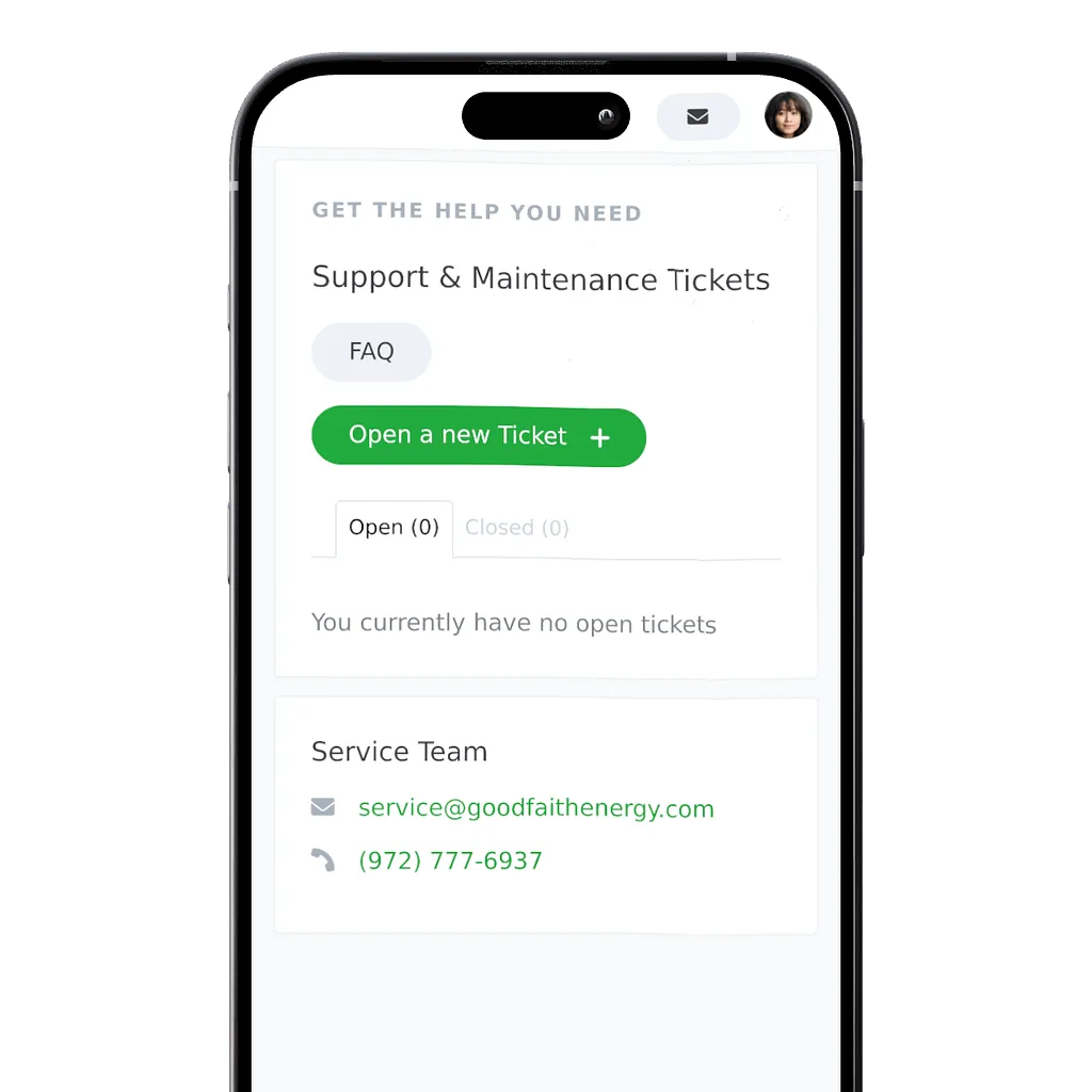 Good Faith Energy app support screen for opening a solar service ticket