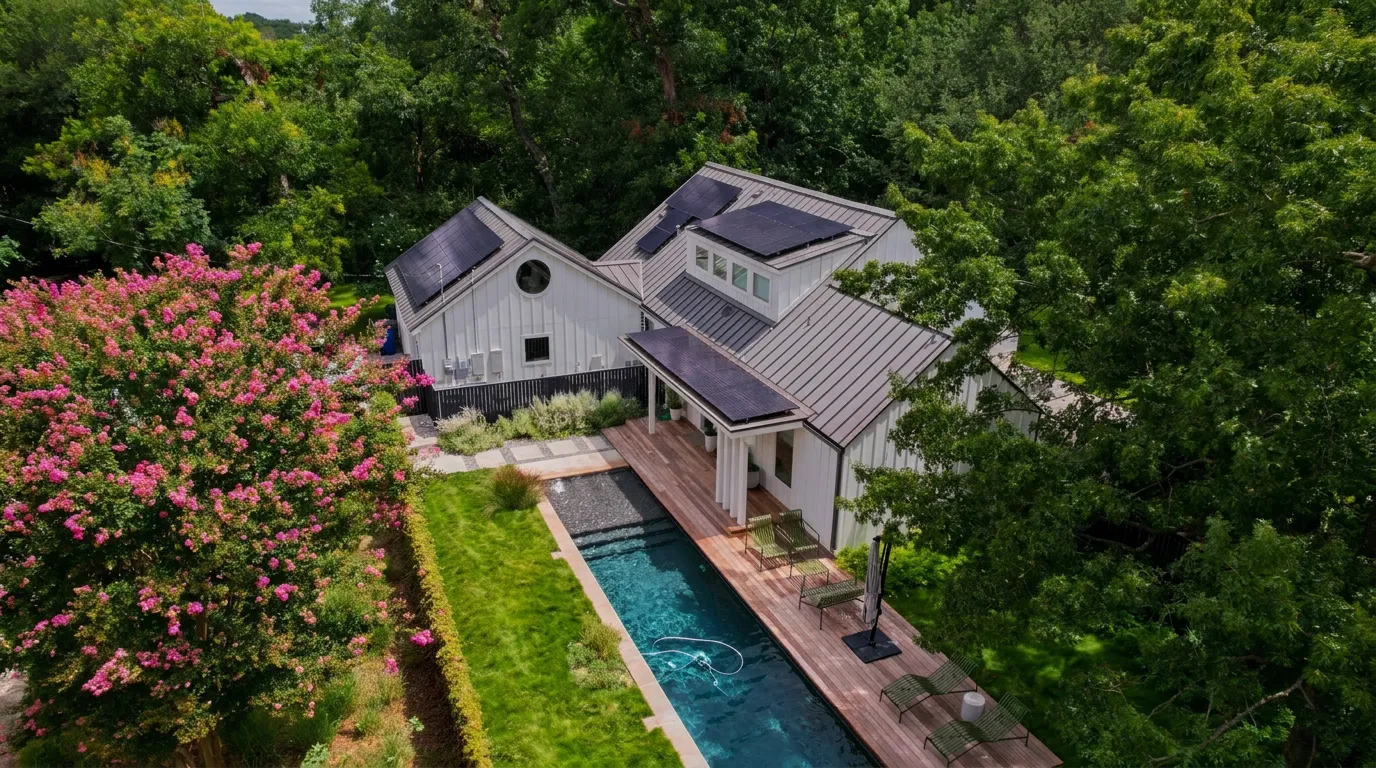 Aerial view of a white Texas farmhouse with a rooftop solar array and swimming pool under a clear sky