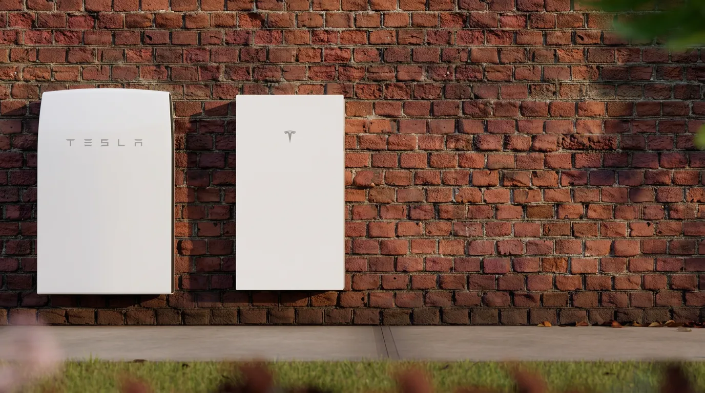 Remixed illustration of Tesla Powerwall 2 and Powerwall 3 batteries mounted on a brick wall