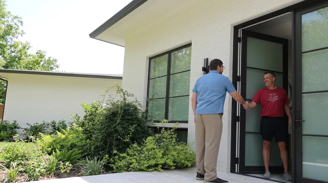 Good Faith Energy team member shaking hands with a happy Texas homeowner at their front door