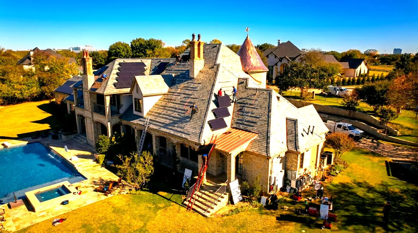 Good Faith Energy roofing crew installing a new shingle roof and doing a solar panel detach and reinstall on a Texas home on a sunny day