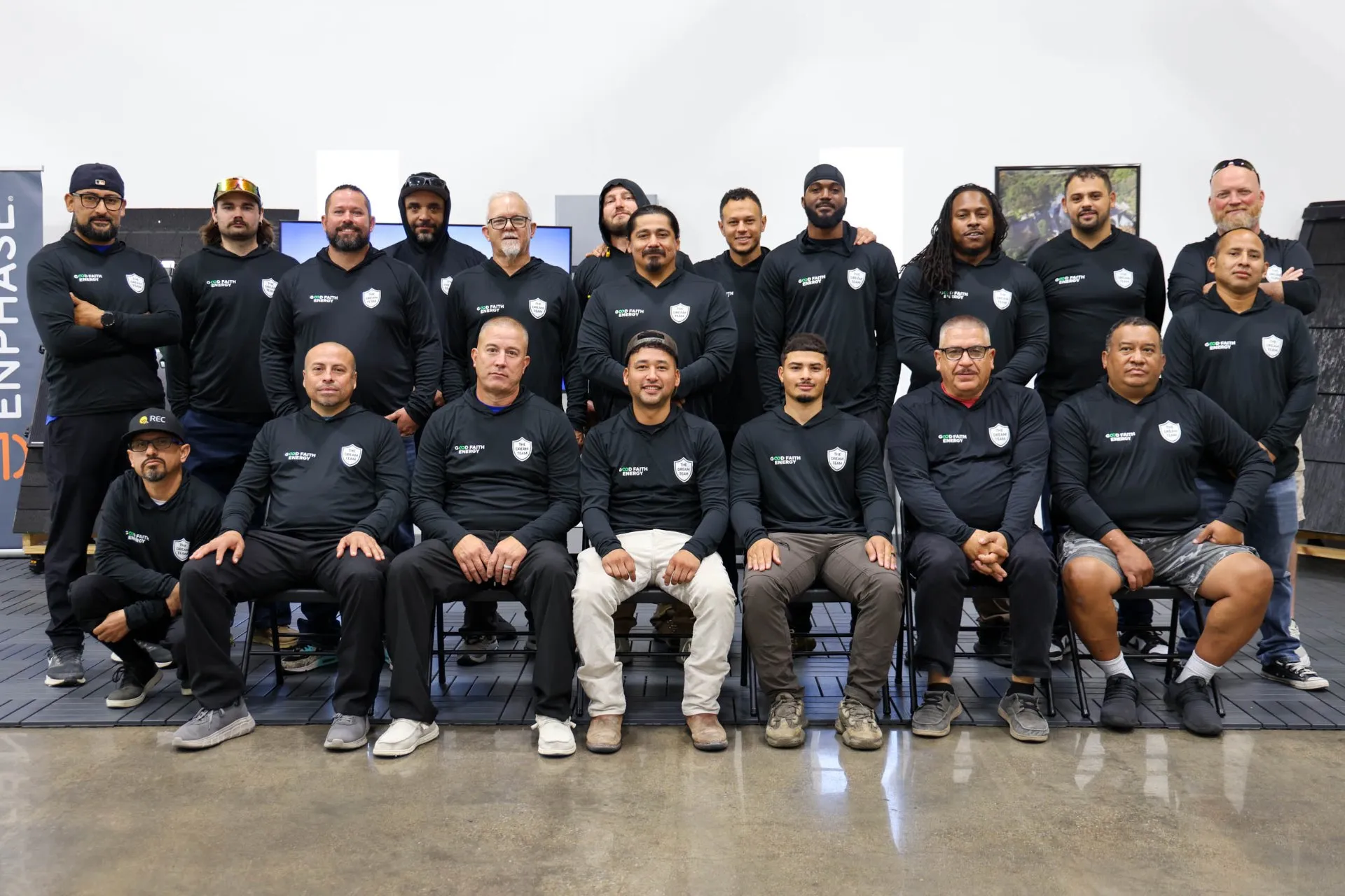 The Good Faith Roofing dream team , solar technicians, electricians, and roofers at Texas headquarters