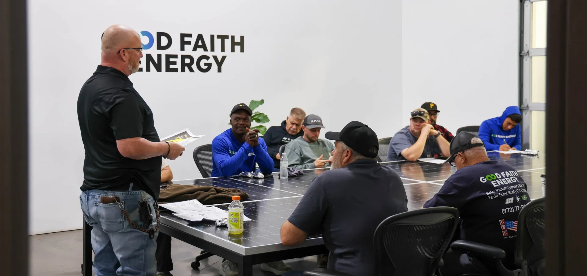 Good Faith Roofing service team in a training session at the Texas headquarters