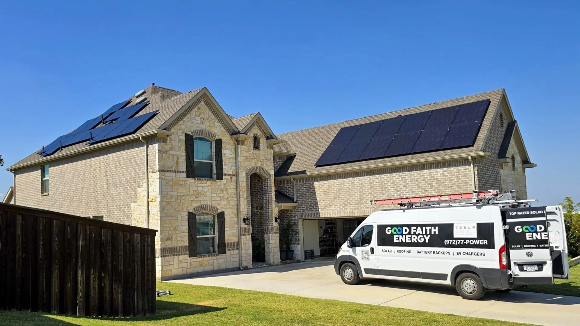 Good Faith Roofing service van parked at a Texas home with newly installed solar panels