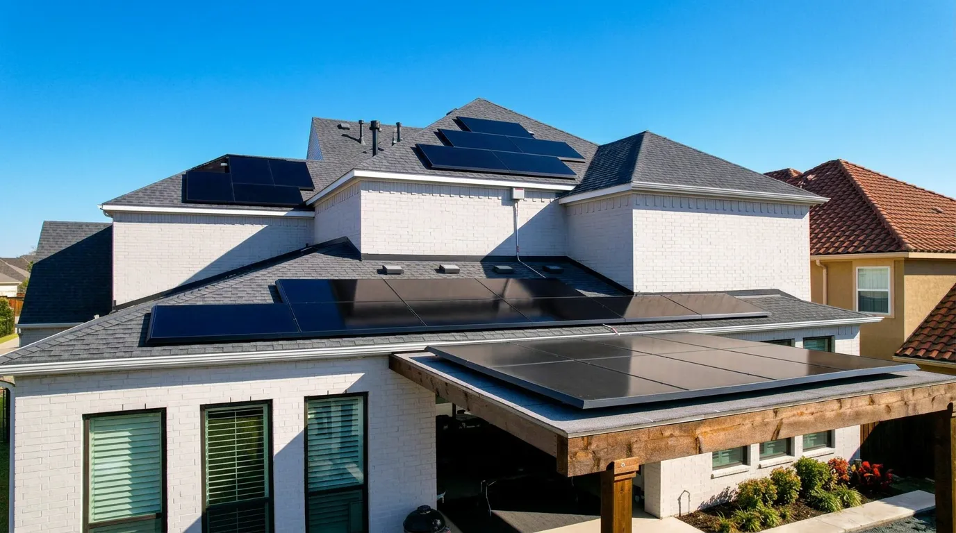 Texas home with rooftop solar panels installed by Good Faith Energy under a clear blue sky on a sunny day