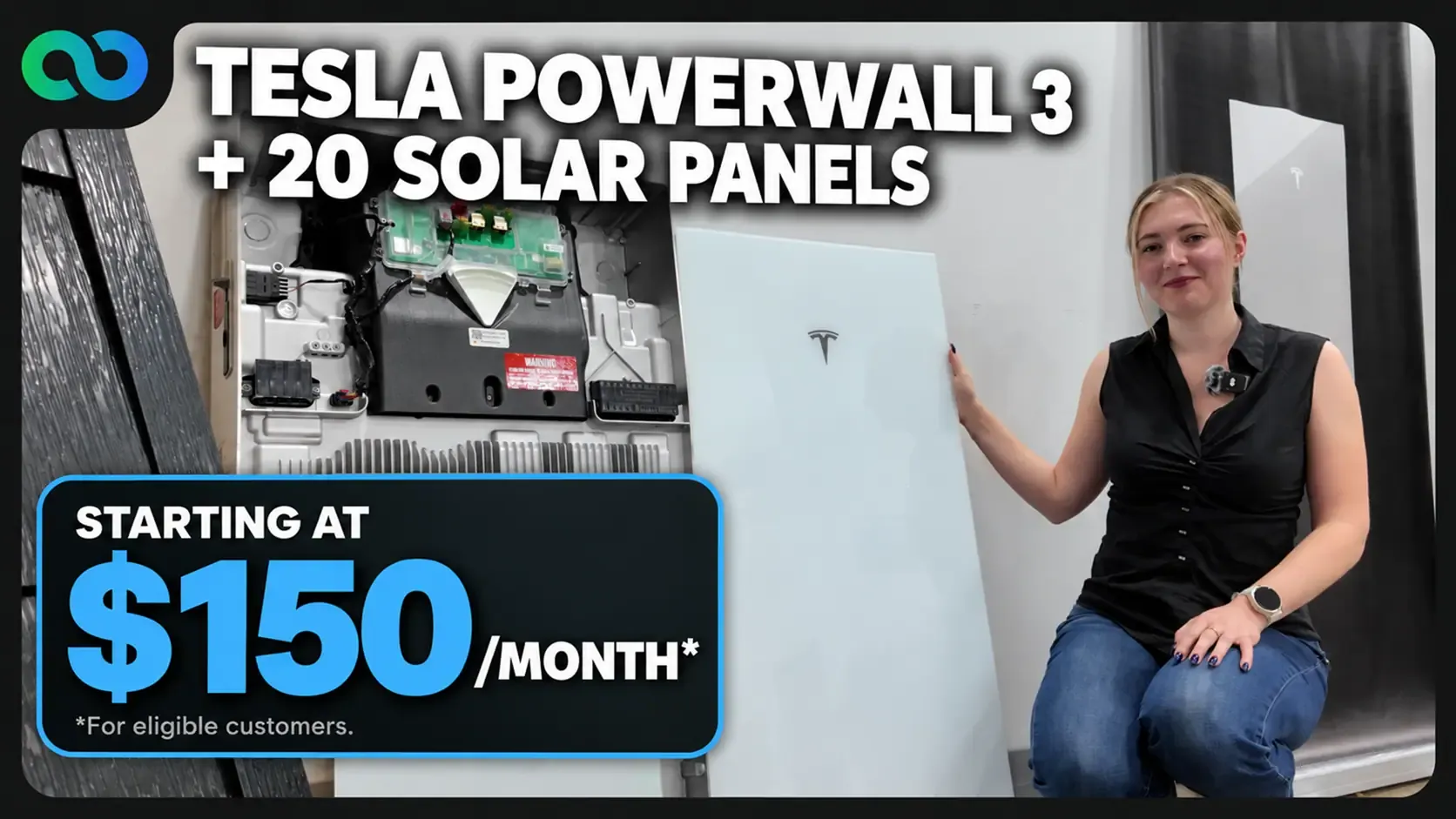 Good Faith Energy presenter beside an opened Tesla Powerwall 3 with its white front panel, promoting Tesla Powerwall 3 plus 20 solar panels starting at $150 per month
