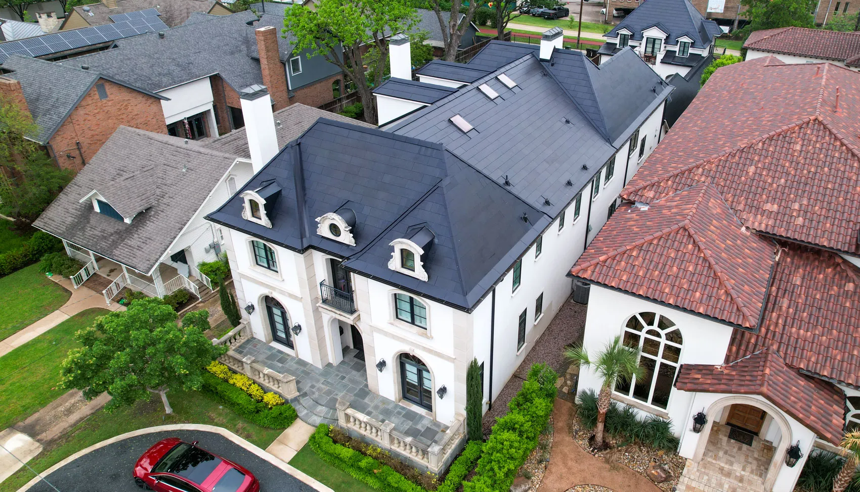 Tesla Solar Roof from above on a French-inspired Texas residence